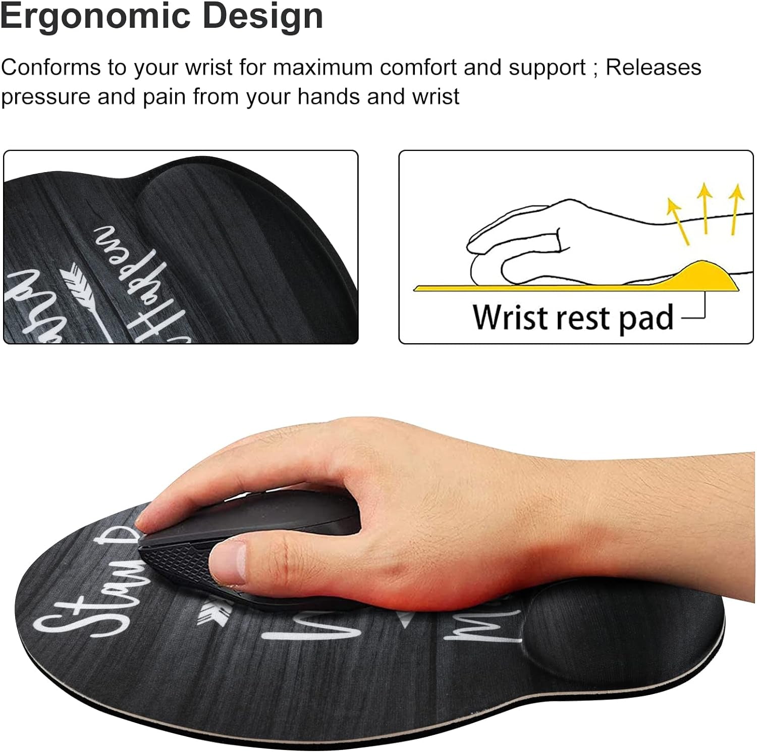 Ergonomic Mouse Pad with Gel Wrist Rest Support, Non-Slip Rubber Base Wrist Rest Pad for Home, Office Easy Typing & Pain Relief, Black Wood Grain
