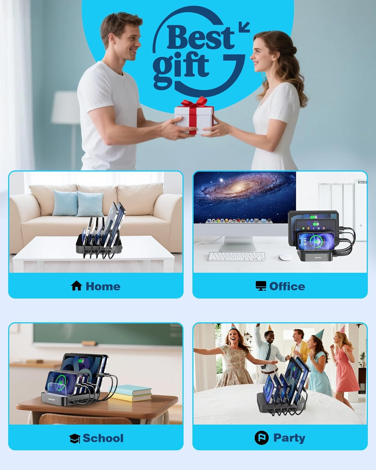 Charging Station for Multiple Devices : 5 Port Multi USB-A Charger Stations Multi-Device Organizer Charging Dock Designed for Iphone Ipad Cell Phone Tablets (7 Short Cables Included), Gray