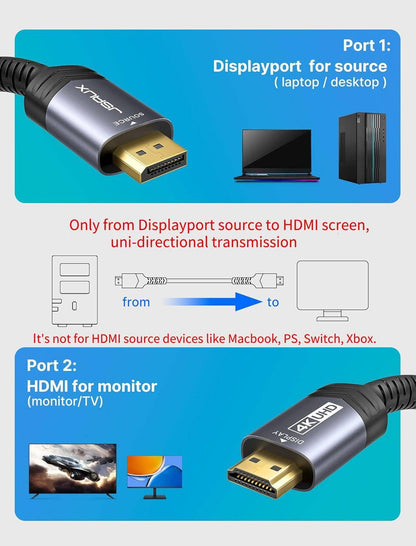 4K Displayport to HDMI Cable Adapter 10FT, DP to HDMI Male Video UHD 4K@30Hz/2K@60/1080P@120 Nylon DP to HDTV Uni-Directional Cord for Dell, Projector, Desktop, AMD, NVIDIA, Lenovo, HP, Thinkpad